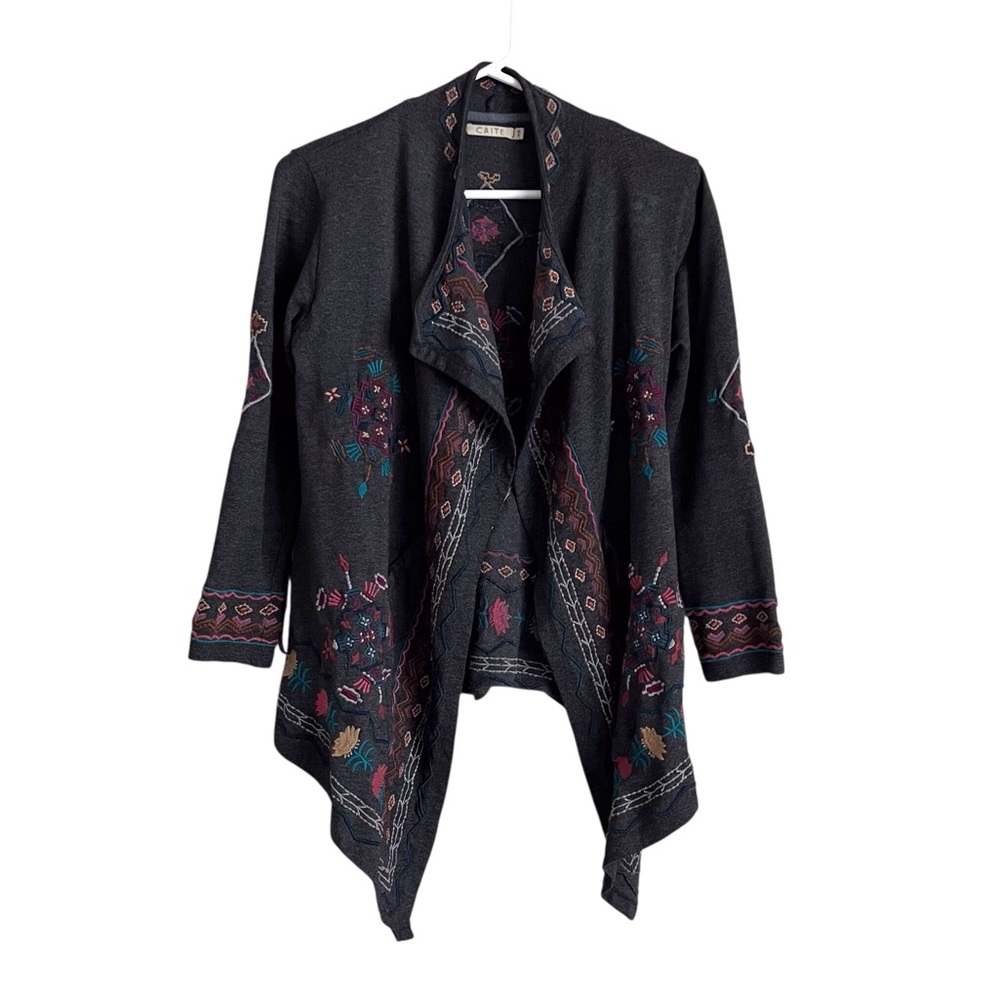 Caite Boho Floral Knit Jacket Embroidered Tie waist Drape Front Cardigan XS